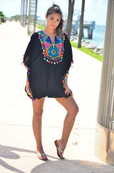 Black Kaftan Style Tunic with Multi Colored Tassels and Ties - La Moda Clothing