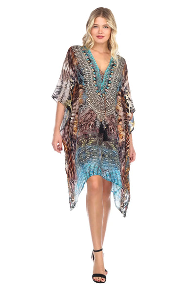 Women's Viscose Silk Caftan Poncho Cover up V Neck Top Lace up - La Moda Clothings