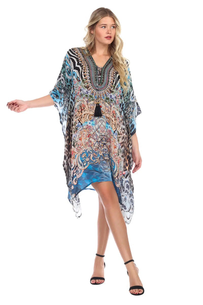 Luxury Silk Caftan Dress/Cover Up with V-Neck Cross Lace - La Moda Clothings