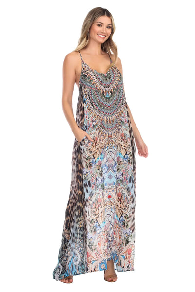 Blue Leopard Elegant Maxi Pocket Dress in Viscose Silk - La Moda Clothings