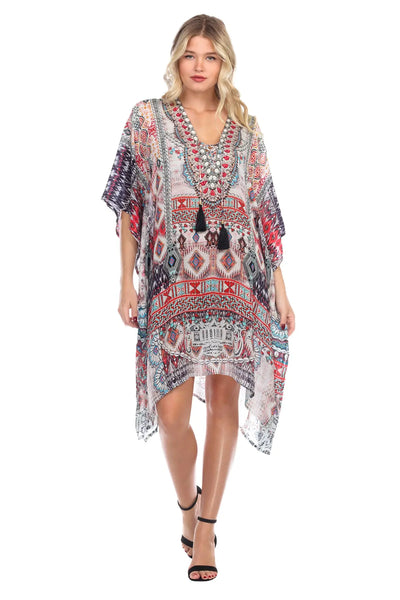 Ligthweight Rhinestone V Neck Printed Short Caftan in Viscose Silk - La Moda Clothings