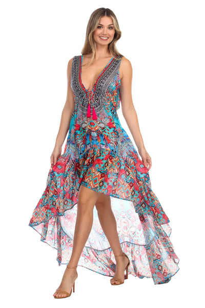 Ikat Blossom Bright & Bold Pattern Trendy Designer Hi-Lo Dress - La Moda Clothings