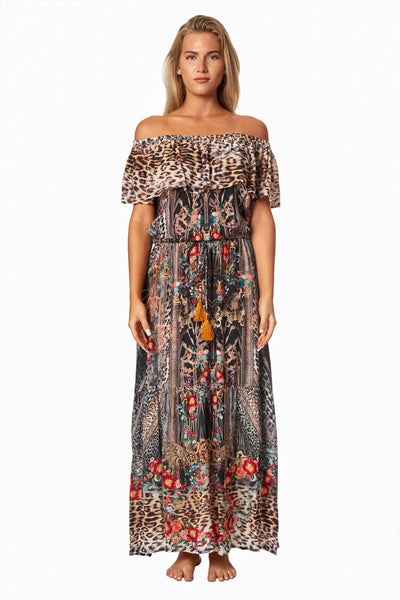 Eclectic Jungle Long Off the Shoulder Dress - La Moda Clothing