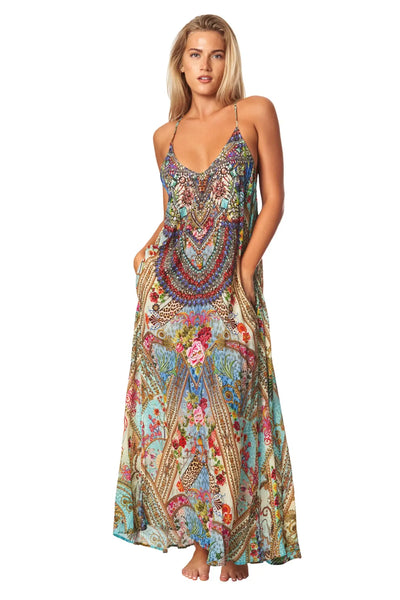 Queens Garden Bohemian T-back Maxi Dress with Front Pockets - La Moda Clothing