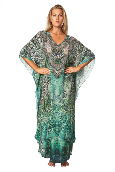 Snake Skin Lightweight Caftan Dress/Cover Up with V-Neck Jewels - La Moda Clothing