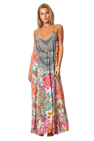 Eden Garden Bohemian T-back Maxi Dress with Front Pockets - La Moda Clothing