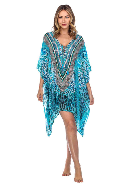 V Neck Printed Short Caftan Dress/Cover Up in Silk - La Moda Clothings