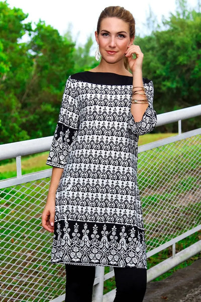 Boat Neck Black and White Printed Tunic Dress Wholesale | Tunic dresses Wholesale - La Moda Clothings