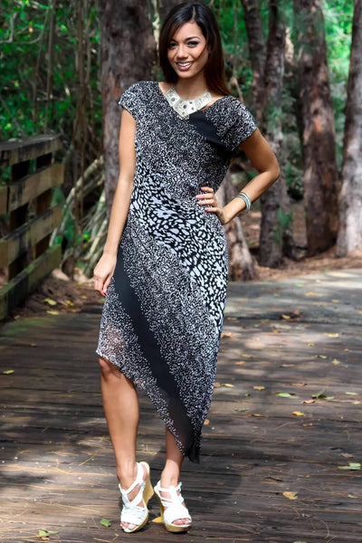 Cap Sleeve V Neck Asymmetrical Dress in Animal Print | Animal Print Dresses - La Moda Clothings