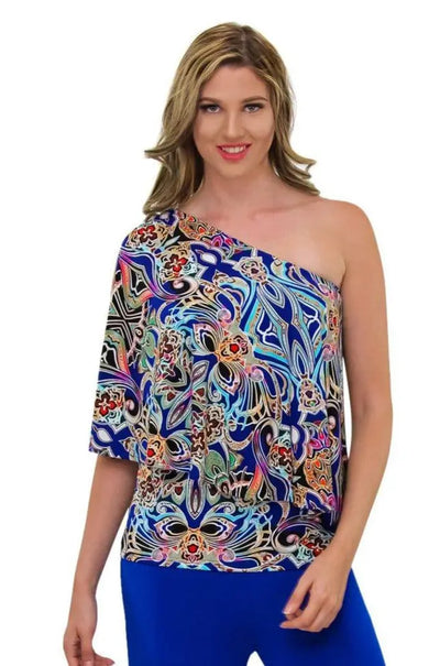 Printed One Shoulder Knit Top for that Elegant evening at Resort or Cruise | One Shoulder Tunics - La Moda Clothings